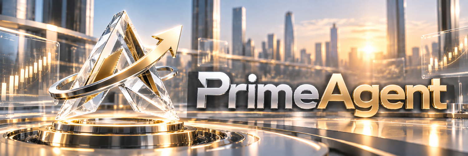 PrimeAgent crystal symbol and upward arrow in a bright financial environment